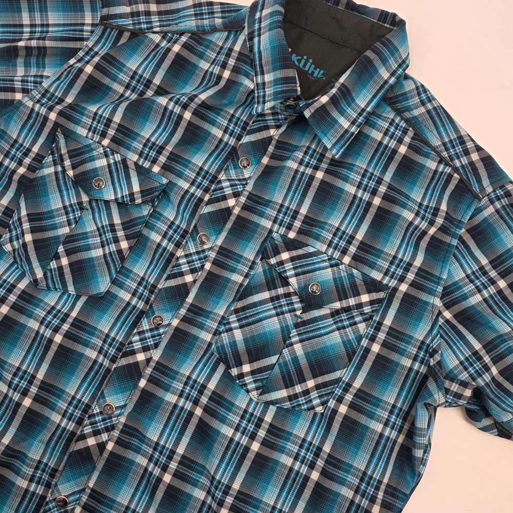 KUHL PEARL SNAP SHIRT MENS SMALL BLUE PLAID ELUXUR PERFORMANCE SHORT SLEEVE HIKE